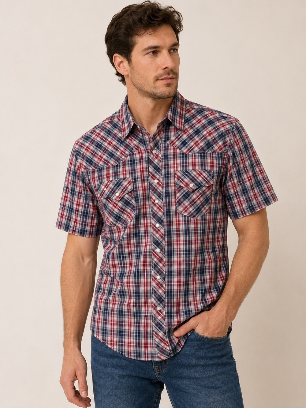 WRANGLER Western Short Sleeve Plaid Shirt Pearl Snap Buttons Men’s XL Rancher